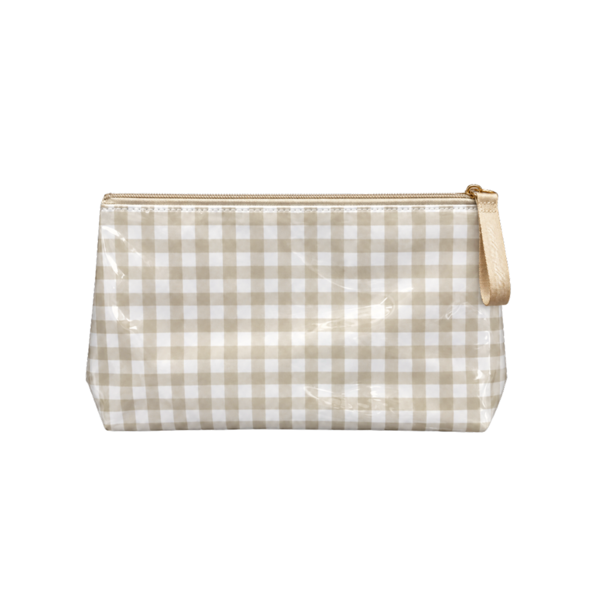 The Pouch in Latte — tan gingham sweat-proof, water-resistant zip pouch by Cacti Wellness, front view