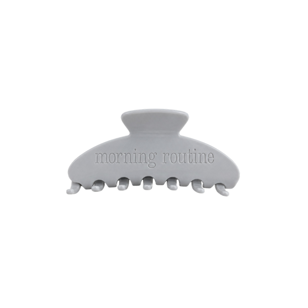 The Clip in Fog — soft grey acetate claw clip embossed with morning routine, approx. 4 inches, by Cacti Wellness