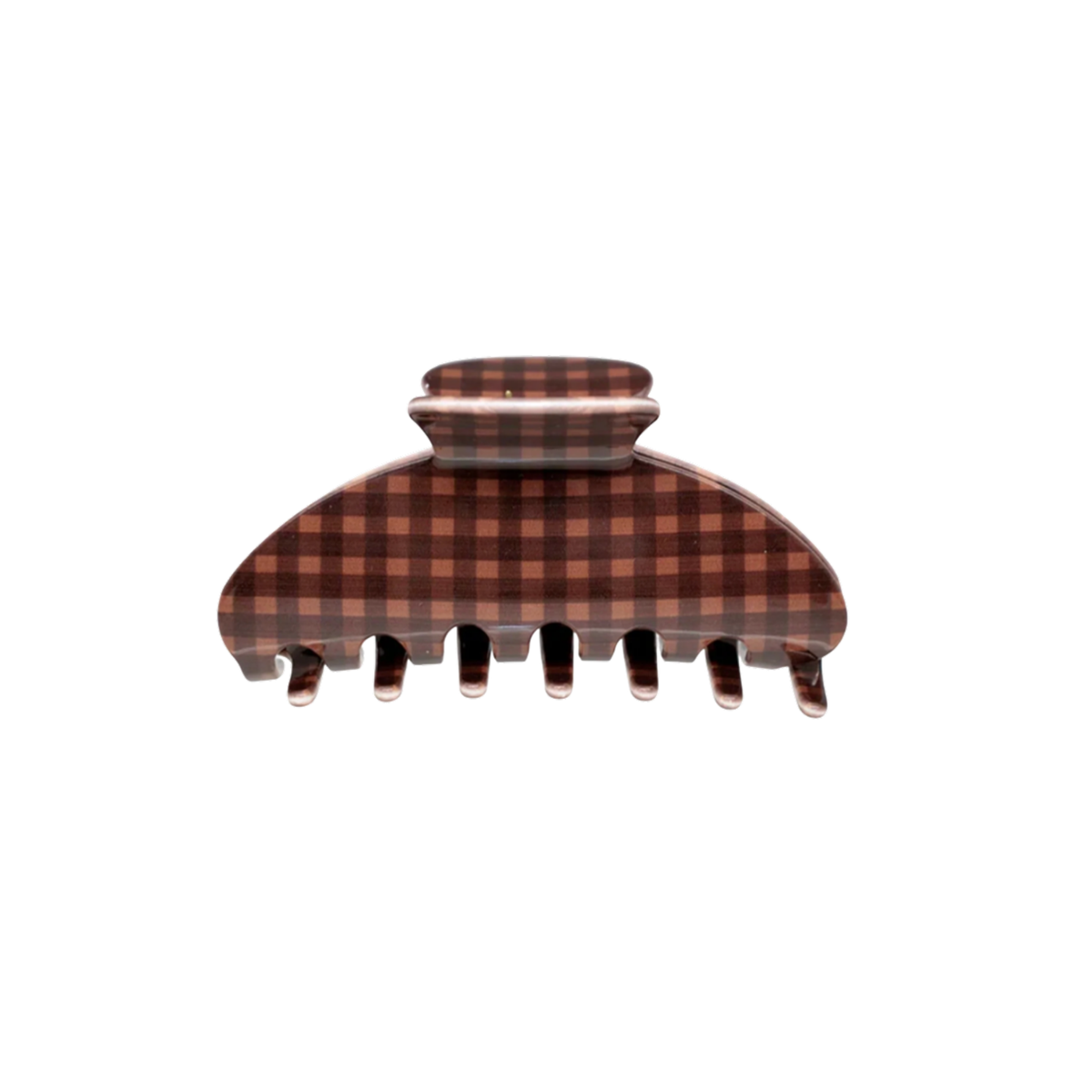 The Clip in Cinnamon — brown gingham acetate claw clip, approx. 4 inches, by Cacti Wellness