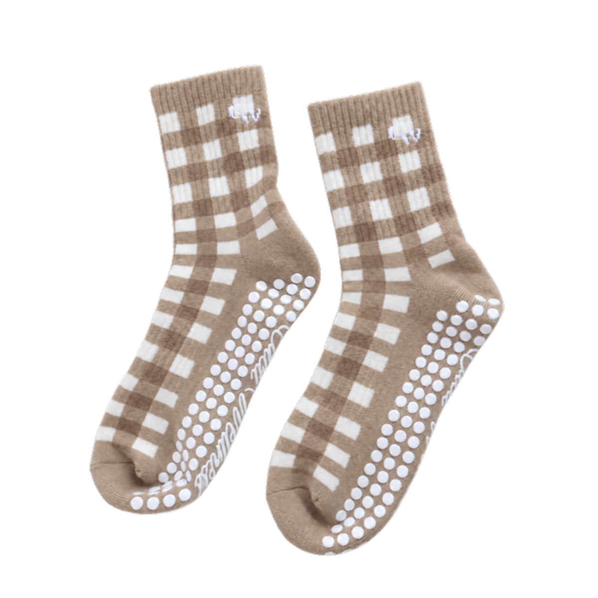 The Grip Socks in Cider — tan gingham quarter-crew pilates grip socks by Cacti Wellness
