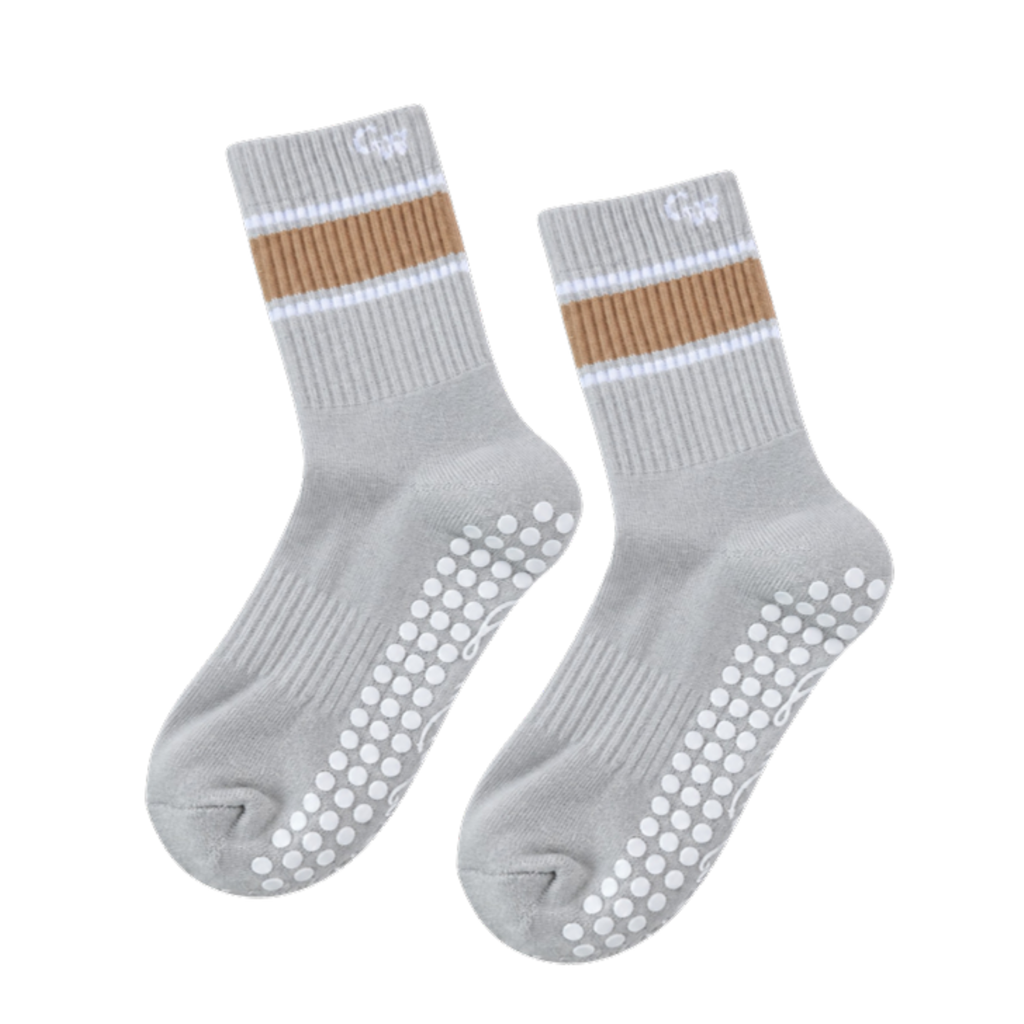 The Grip Socks in Varsity — heather grey crew pilates grip socks with tan and white varsity stripes by Cacti Wellness