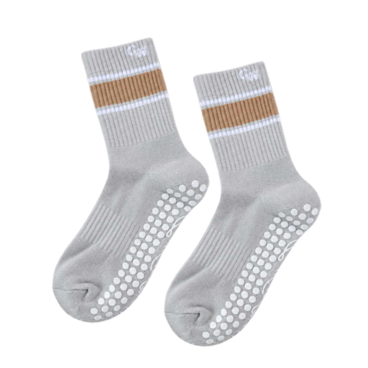 The Grip Socks in Varsity — heather grey crew pilates grip socks with tan and white varsity stripes by Cacti Wellness