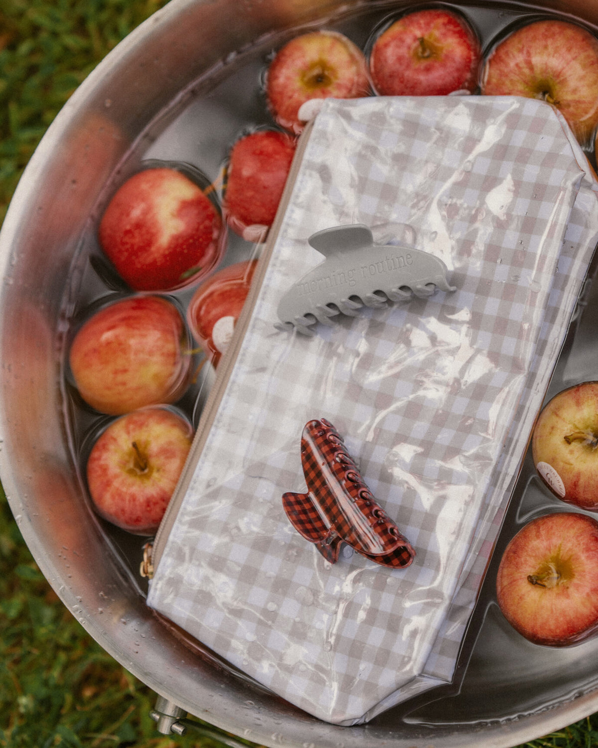 The Pouch in Latte with The Claw Clip in Cinnamon and Foggy Morning