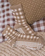 The Grip Socks in Cider on a gingham picnic blanket