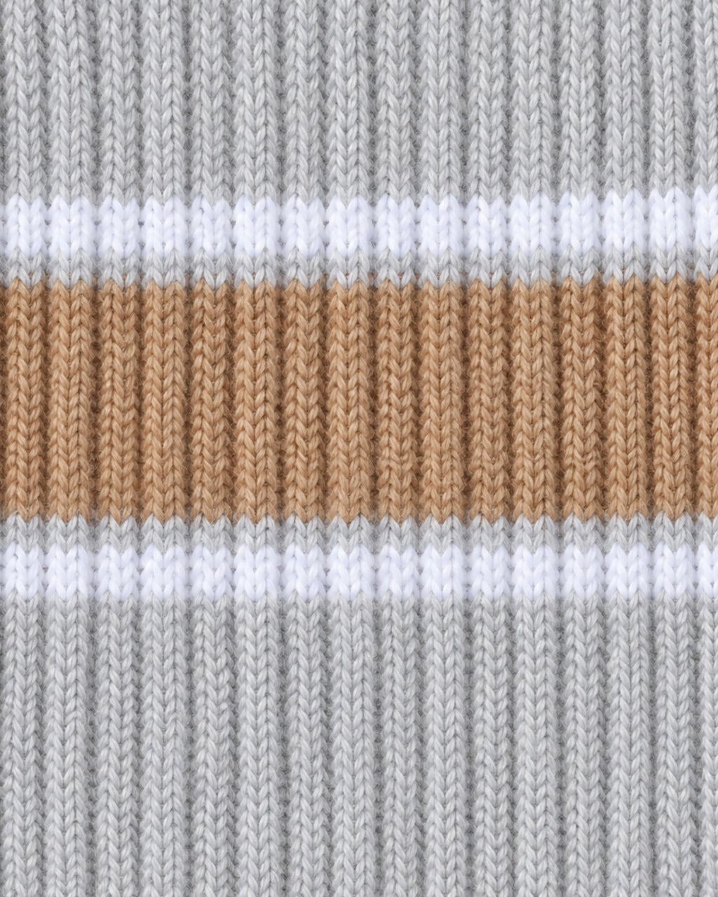 The Grip Socks in Varsity: heather grey knit with tan and white stripes, swatch
