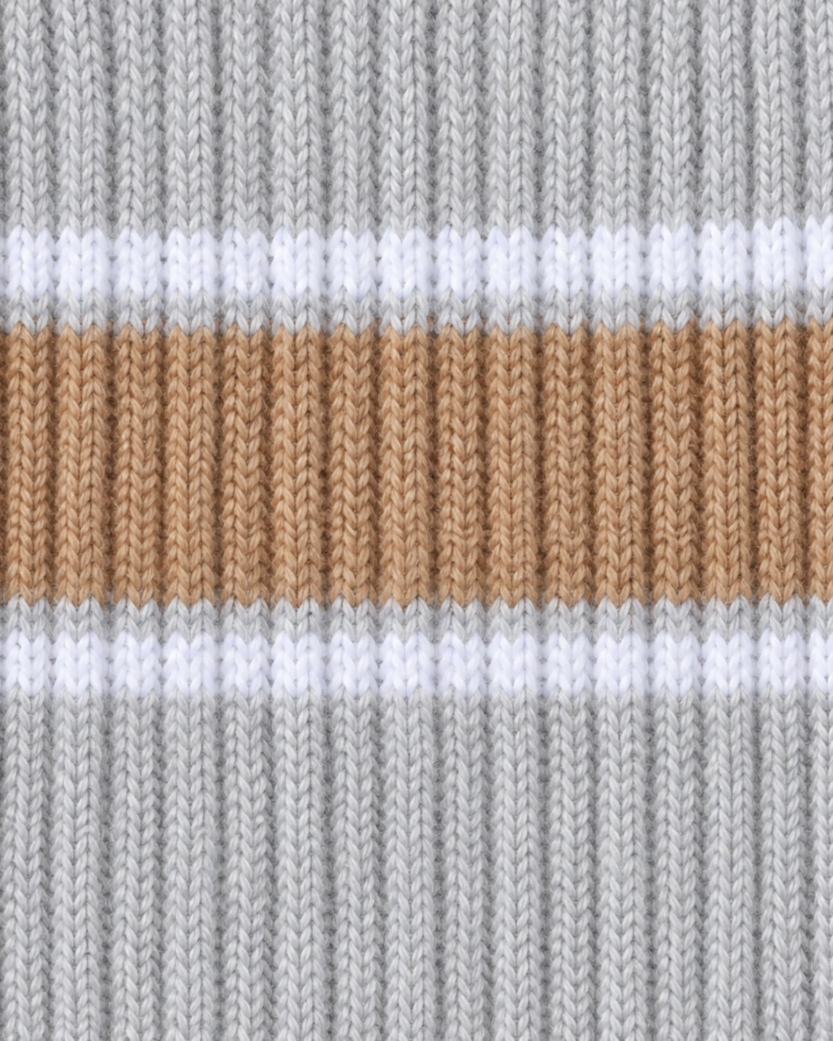 The Grip Socks in Varsity: heather grey knit with tan and white stripes, swatch